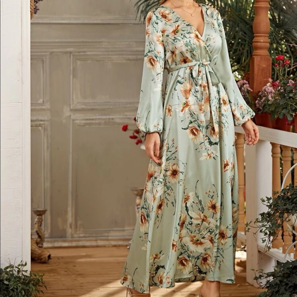 SHEIN Floral Print Self Belted Balloon Sleeve Wrap Dress swdress07200401288
